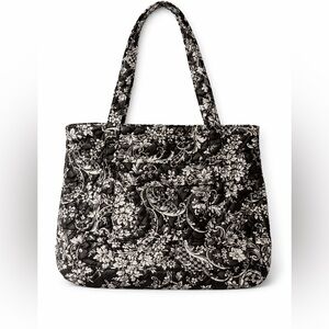 Black White Floral Quilted Tote Bag Zip Top Multiple Pockets